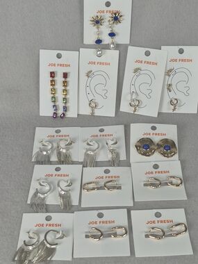 Joe Fresh Silver Tone and  Mixed Earring Set. Bundle of 14 Sets